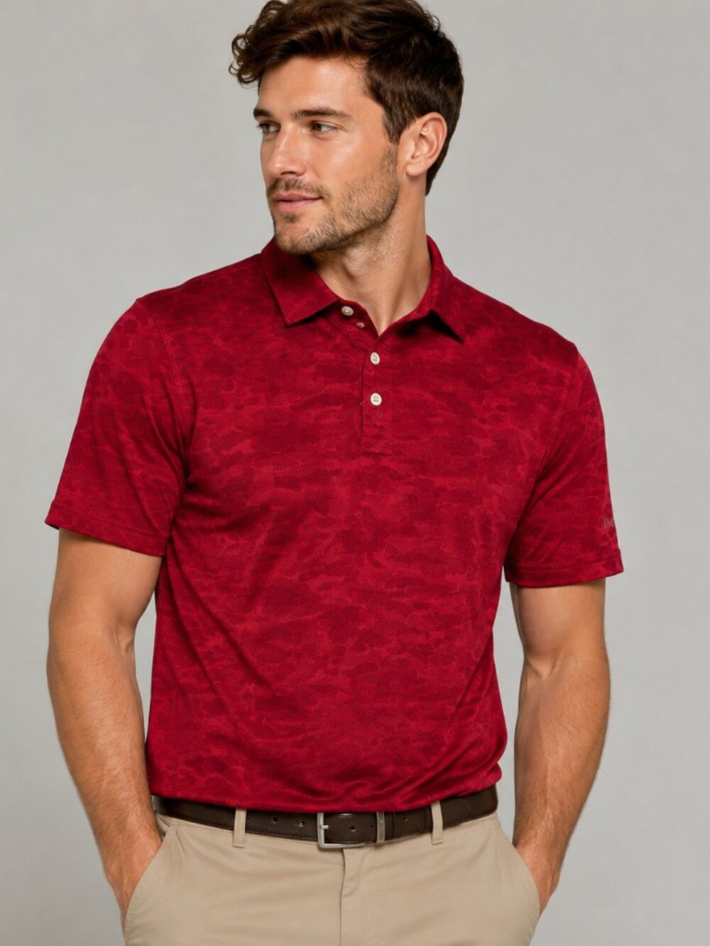 Chaps Golf Men’s Polo Shirt Small Red Camo Print Performance Stretch Short Sleev